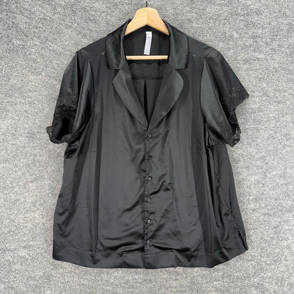 Cacique Sleepshirt Women 14/16 Black Button Up Collared Short Sleeve Solid